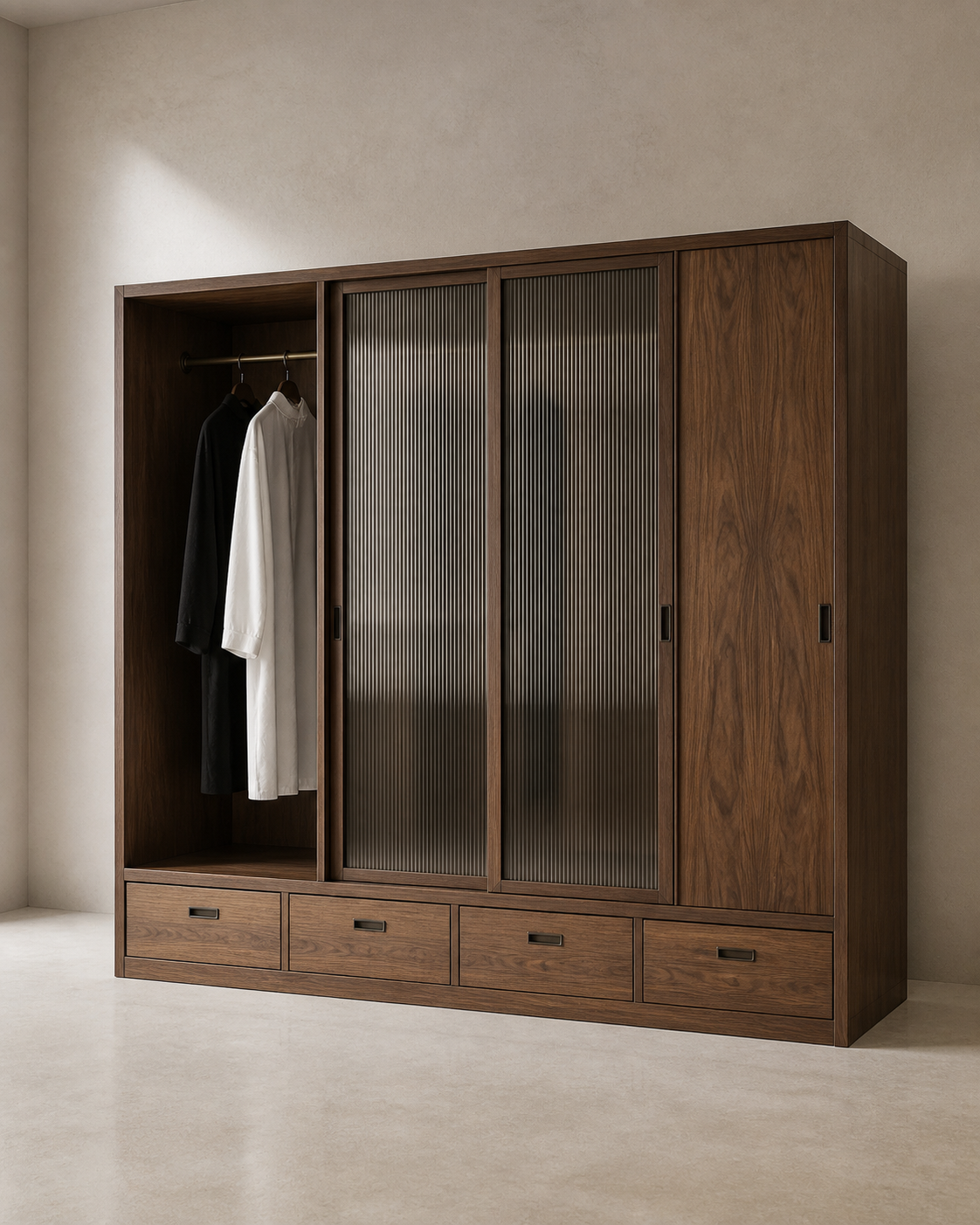 AUTHË v2 canonical studio view — Veil Wardrobe in its locked standard configuration, showing its open dressing bay, two fluted-glass sliding panels, closed walnut bay and four lower drawers