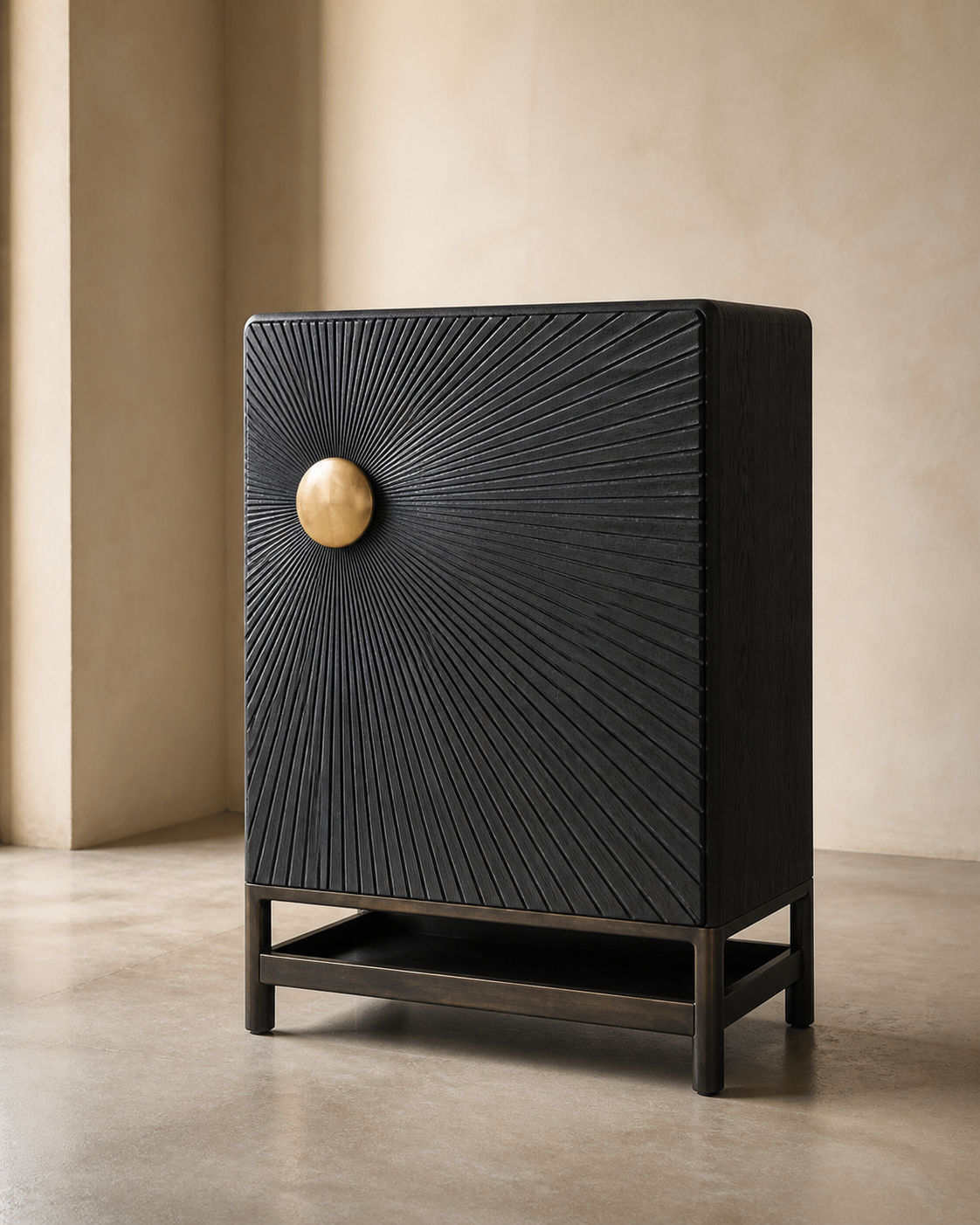 AUTHË v2 canonical studio view — Halo Cabinet in its locked standard configuration, showing one hand-carved radial door, one offset bronze boss and one open lower shelf