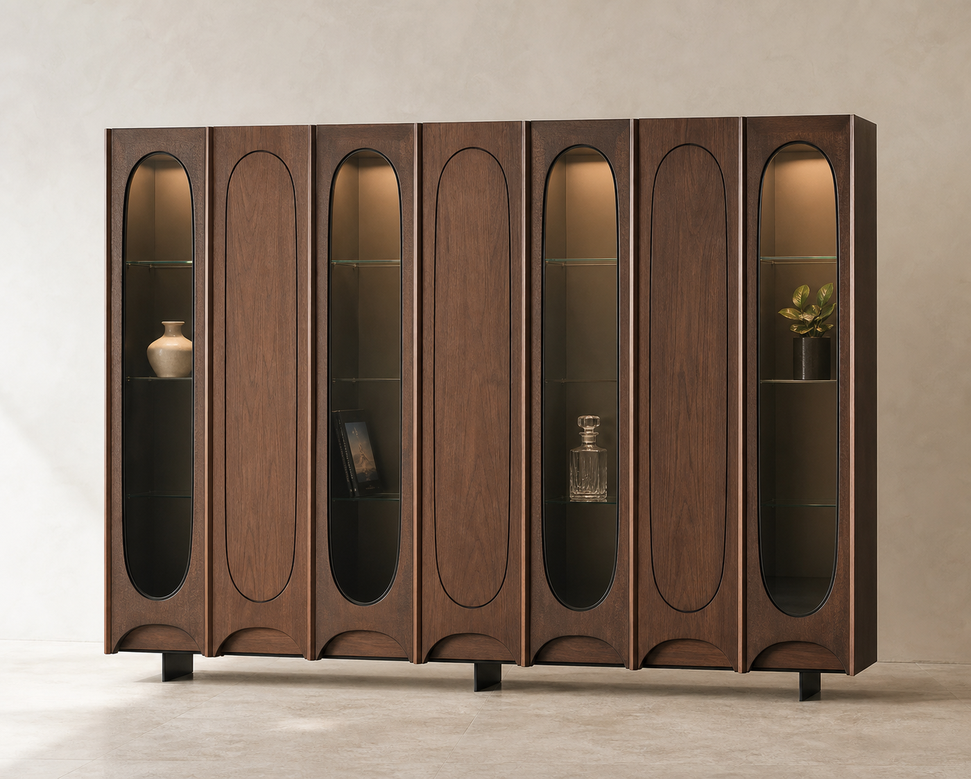 AUTHË v2 canonical studio view — Colonnade Cabinet in its locked standard configuration, showing seven walnut bays with alternating smoked-glass apertures and four recessed bronze feet
