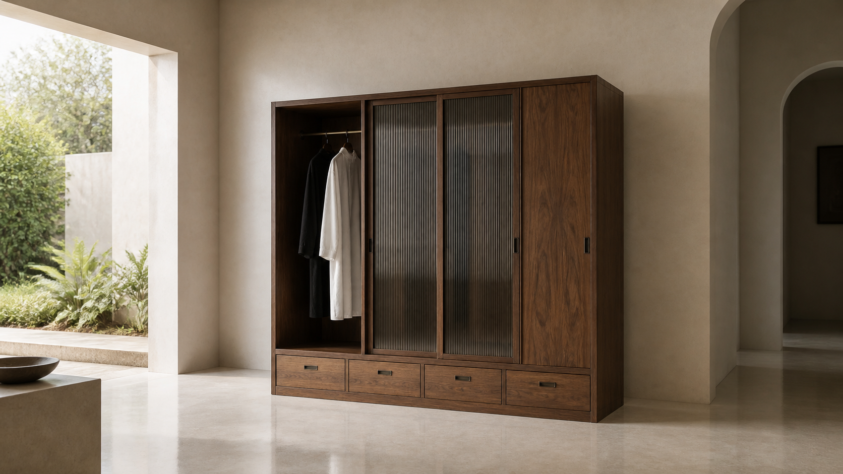 AUTHË v2 panoramic header — Veil Wardrobe in a light contemporary interior, showing its open dressing bay, two fluted-glass sliding panels, closed walnut bay and four lower drawers