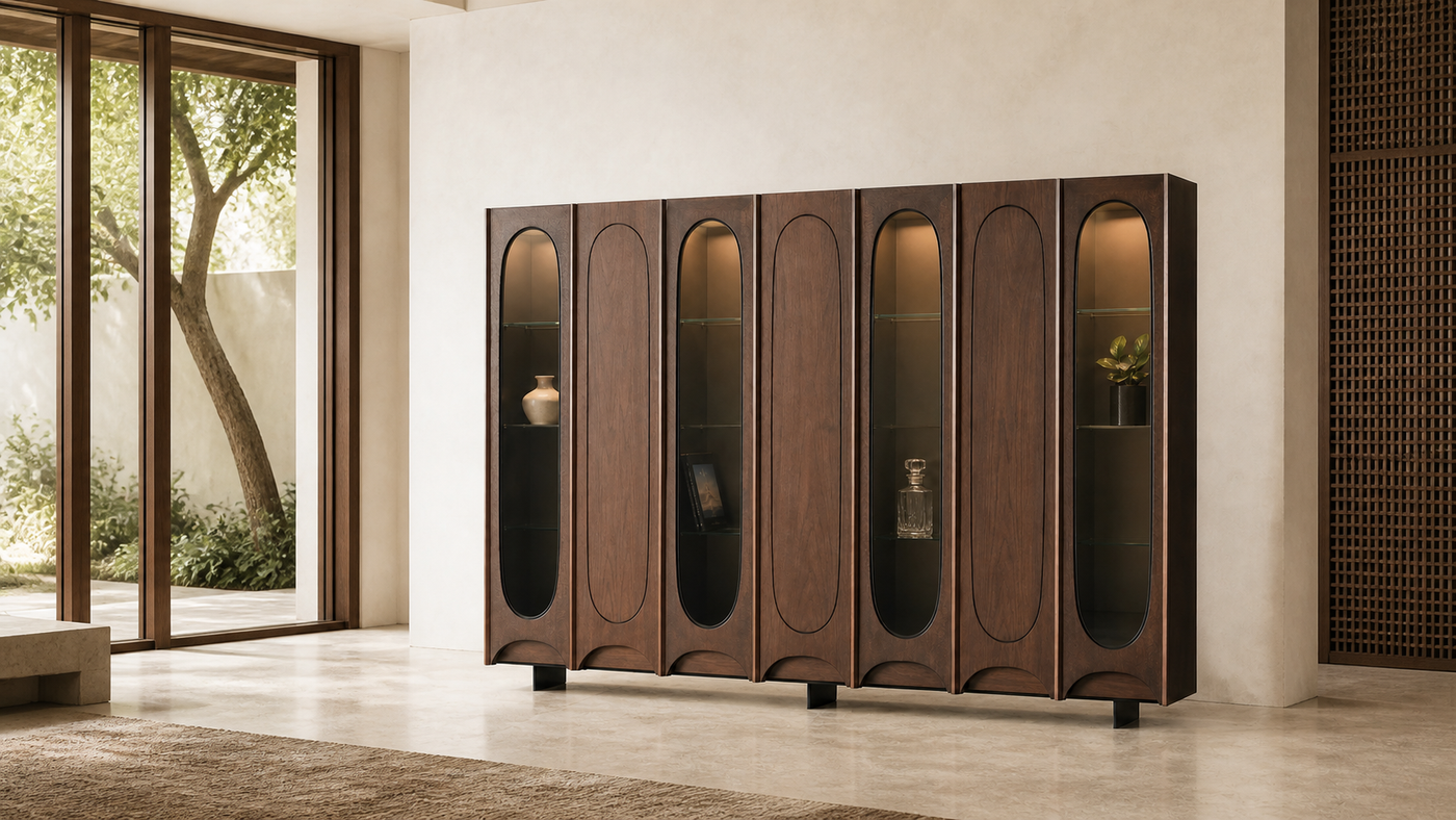 AUTHË v2 panoramic header — Colonnade Cabinet in a light contemporary interior, showing seven walnut bays with alternating smoked-glass apertures and four recessed bronze feet