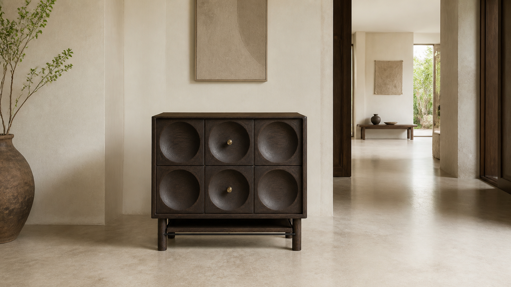 AUTHË v2 panoramic header — Orbit Bedside in a light contemporary interior, showing six concave ash reliefs, two centre bronze pulls and one open lower shelf