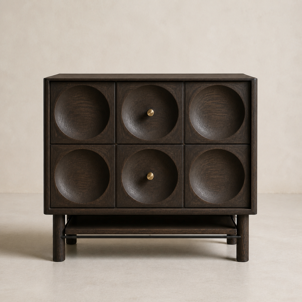 AUTHË v2 front elevation — Orbit Bedside photographed square to the front, showing six concave ash reliefs, two centre bronze pulls and one open lower shelf