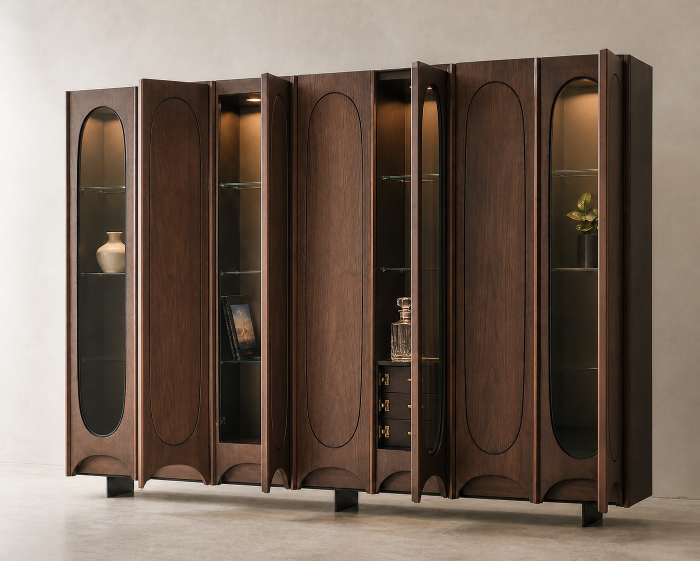 AUTHË v2 functional interior — Colonnade Cabinet with its intended doors or drawers open while preserving seven walnut bays with alternating smoked-glass apertures and four recessed bronze feet