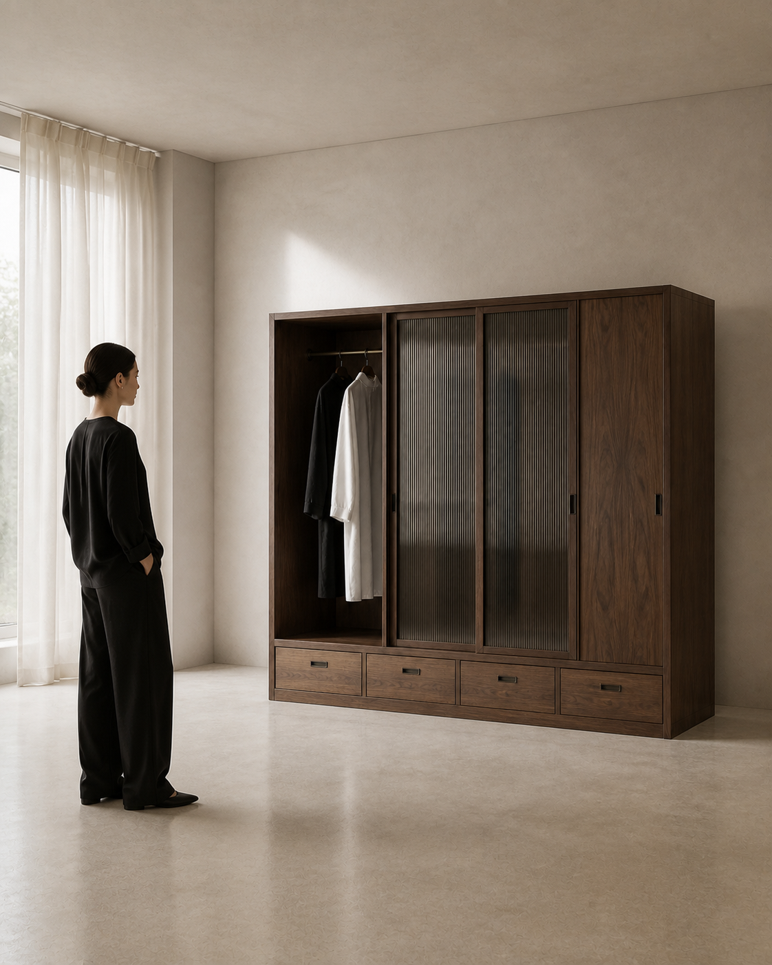 AUTHË v2 human scale — Veil Wardrobe with one person establishing the true scale of its open dressing bay, two fluted-glass sliding panels, closed walnut bay and four lower drawers