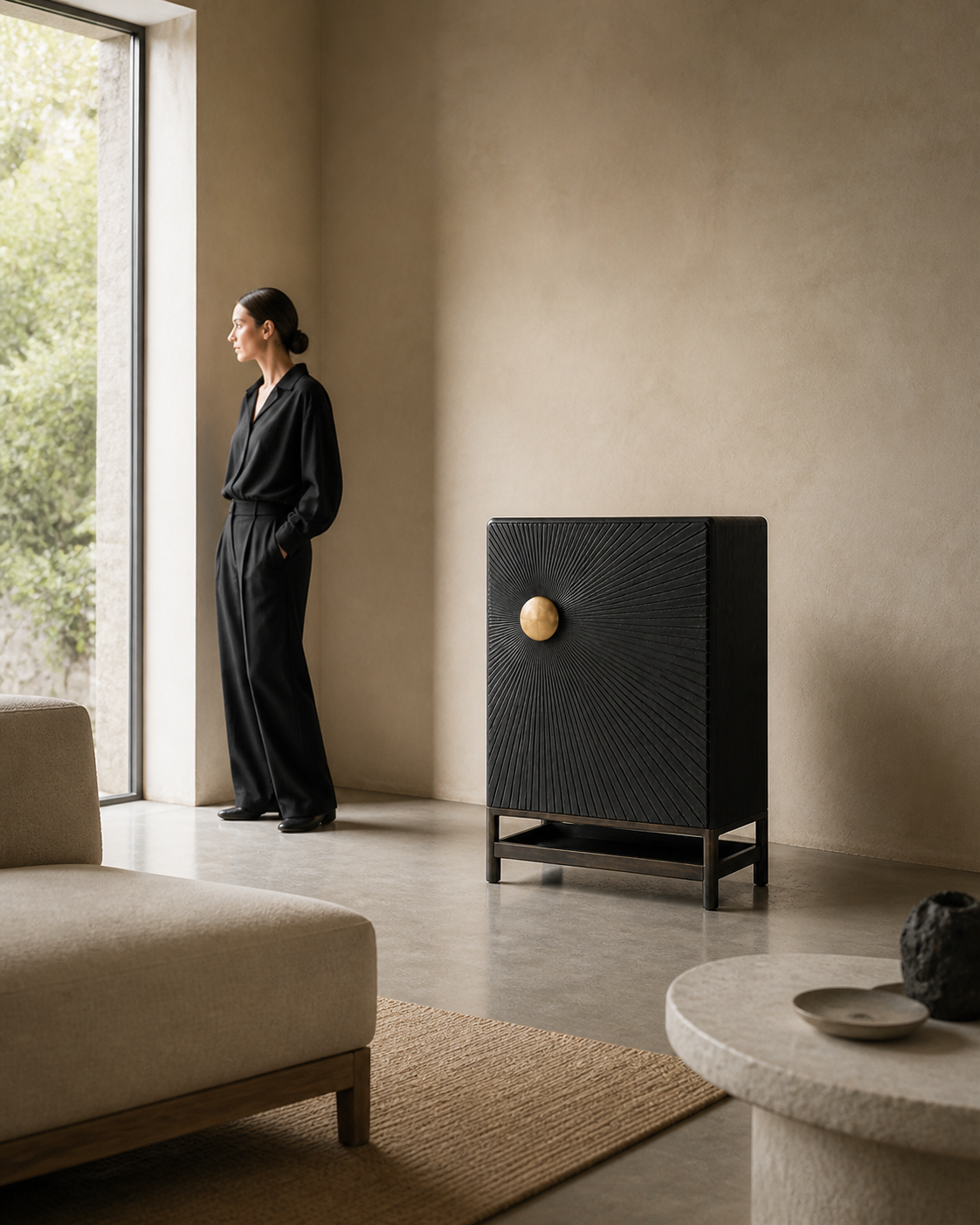 AUTHË v2 human scale — Halo Cabinet with one person establishing the true scale of one hand-carved radial door, one offset bronze boss and one open lower shelf