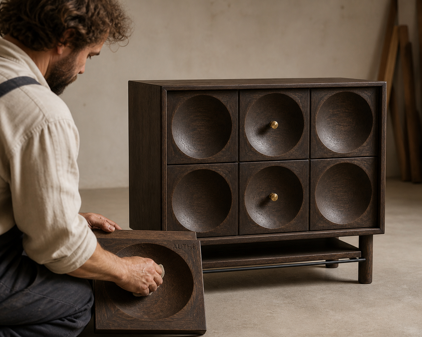 AUTHË v2 atelier process — Orbit Bedside being individually hand finished while preserving six concave ash reliefs, two centre bronze pulls and one open lower shelf