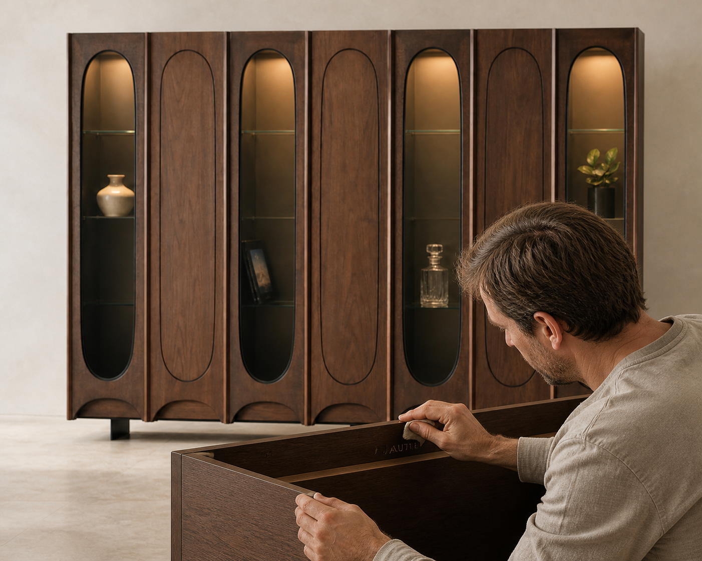 AUTHË v2 atelier process — Colonnade Cabinet being individually hand finished while preserving seven walnut bays with alternating smoked-glass apertures and four recessed bronze feet