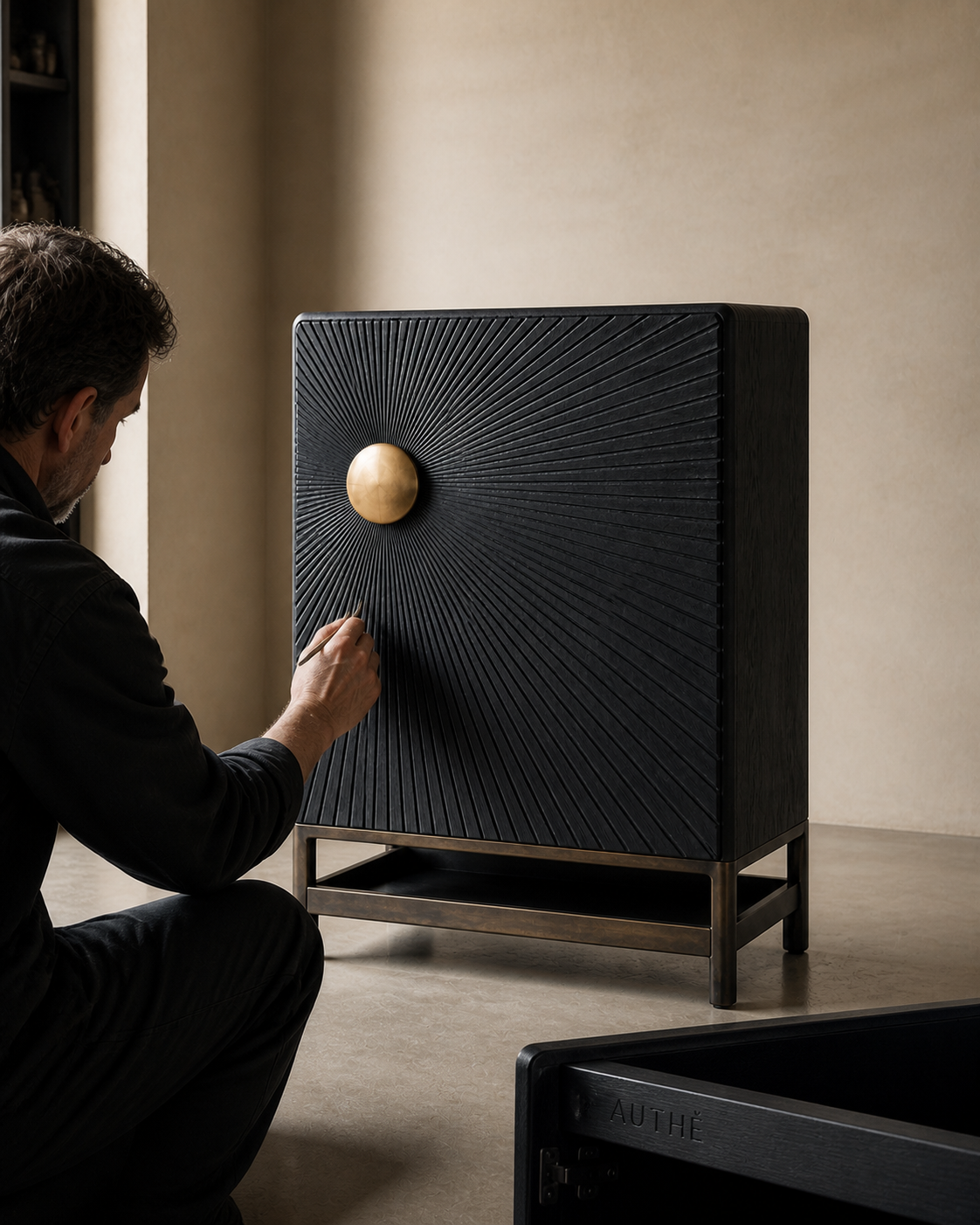 AUTHË v2 atelier process — Halo Cabinet being individually hand finished while preserving one hand-carved radial door, one offset bronze boss and one open lower shelf