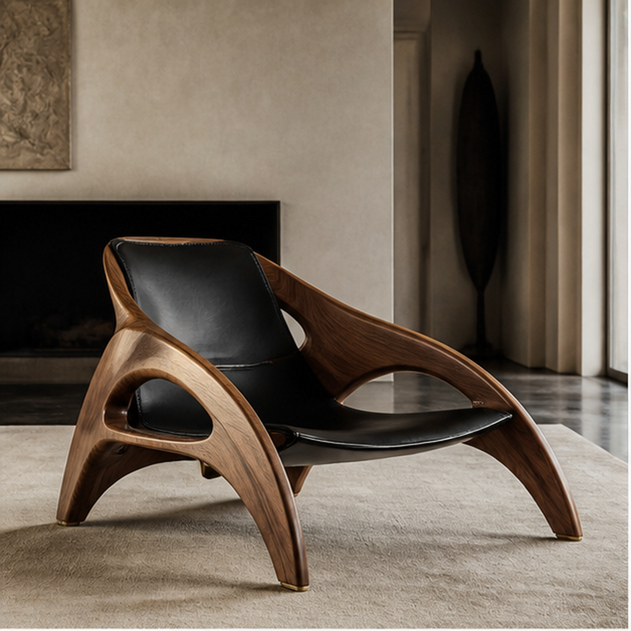 Arc Lounge sculptural walnut and black leather chair in a premium interior