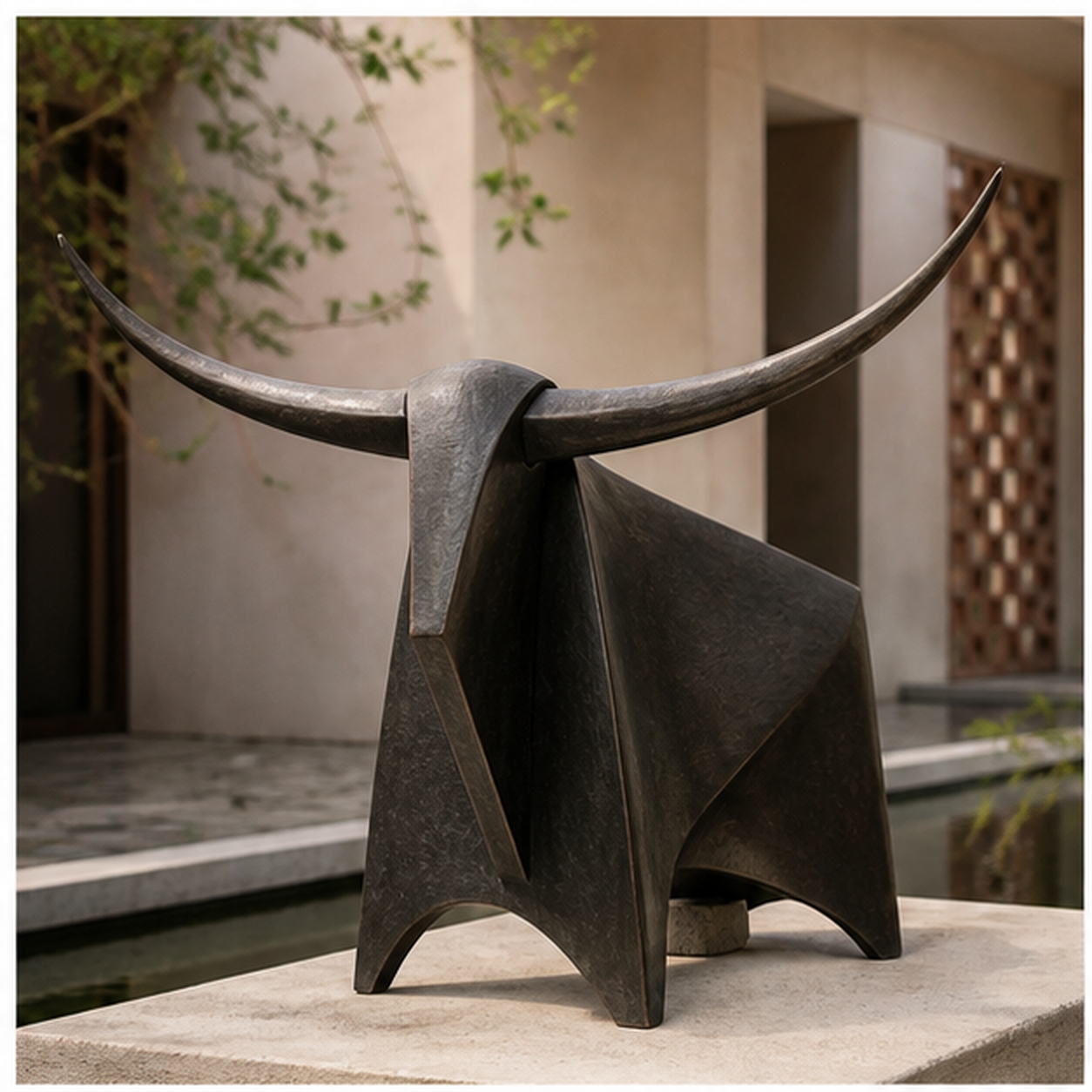 Aurochs I abstract blackened-bronze bull sculpture in a modern Indian courtyard
