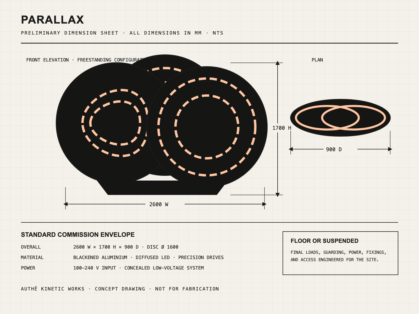 Preliminary dimension drawing for Parallax with front elevation and plan