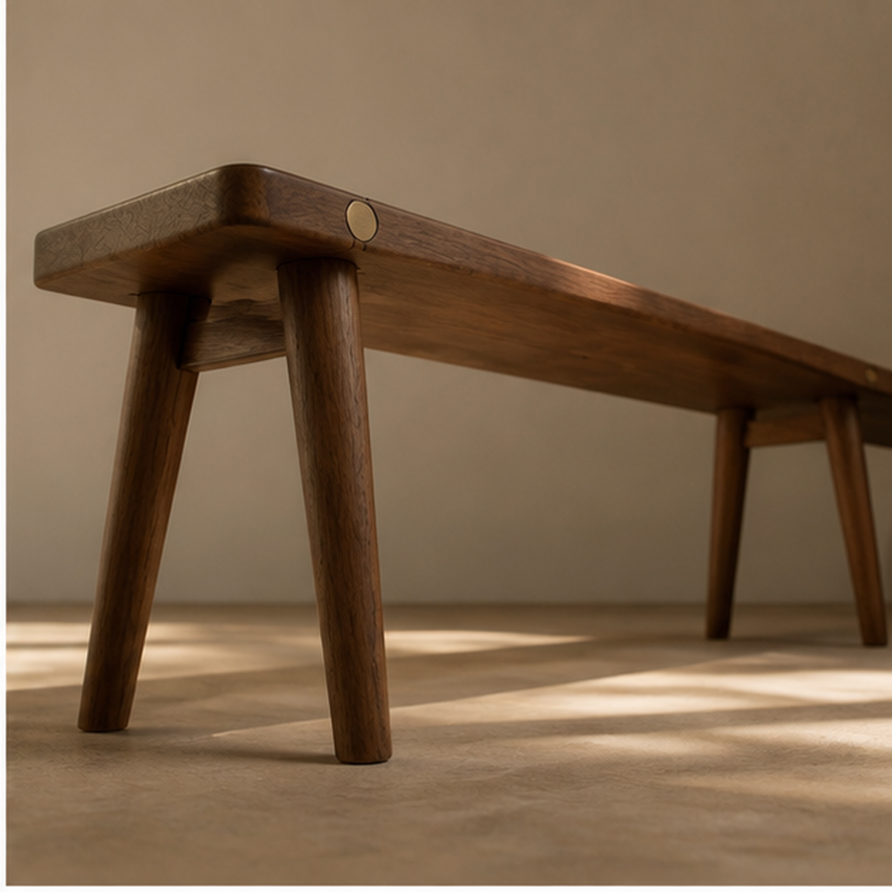 Pin Bench low angle showing leg geometry and underside joinery