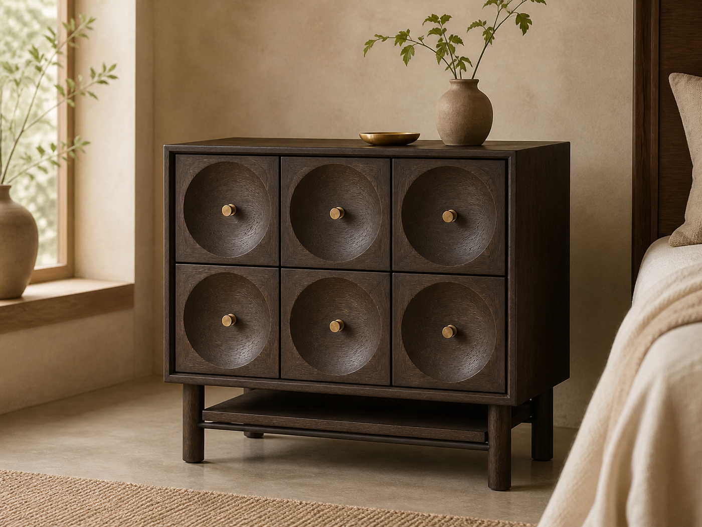 AUTHË v2 · Orbit Bedside · panoramic header · six relief fronts and six bronze pulls