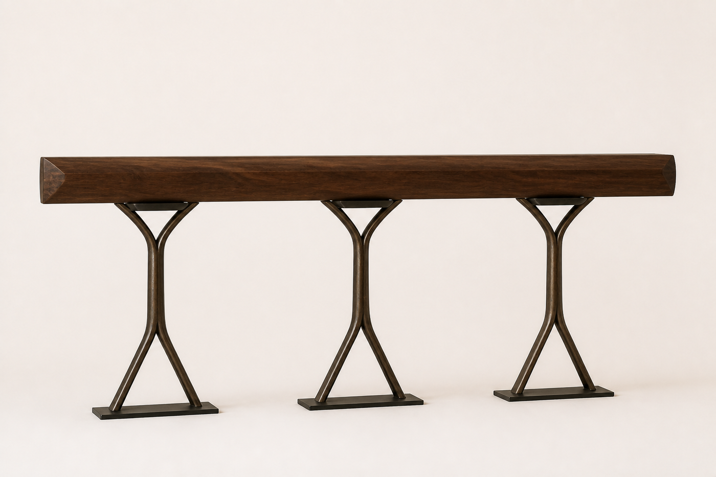AUTHË engineering issue 02 · Confluence Console front view with one walnut beam and exactly three abstract bronze structural columns