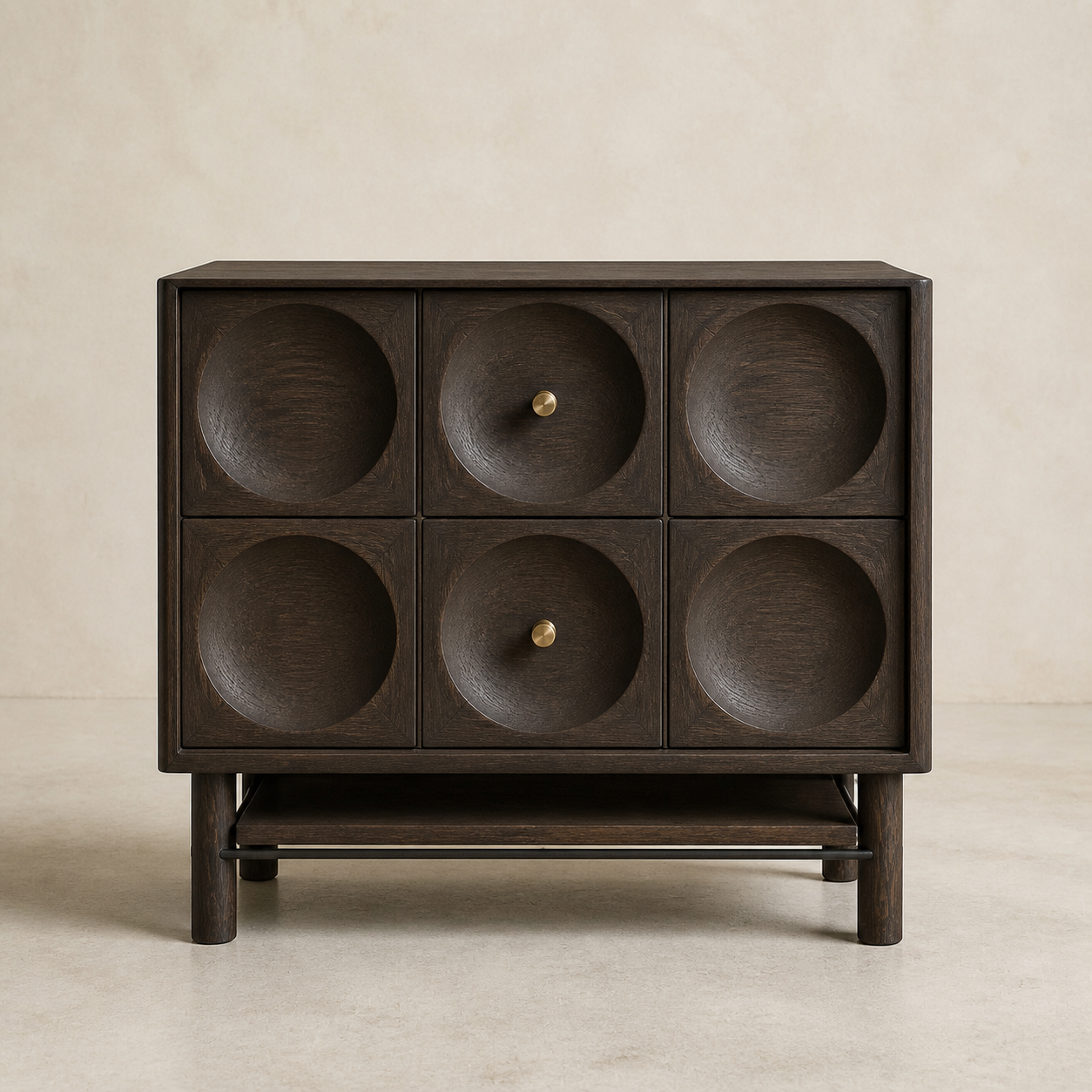 AUTHË v2 canonical studio view — Orbit Bedside in its locked standard configuration, showing six concave ash reliefs, two centre bronze pulls and one open lower shelf