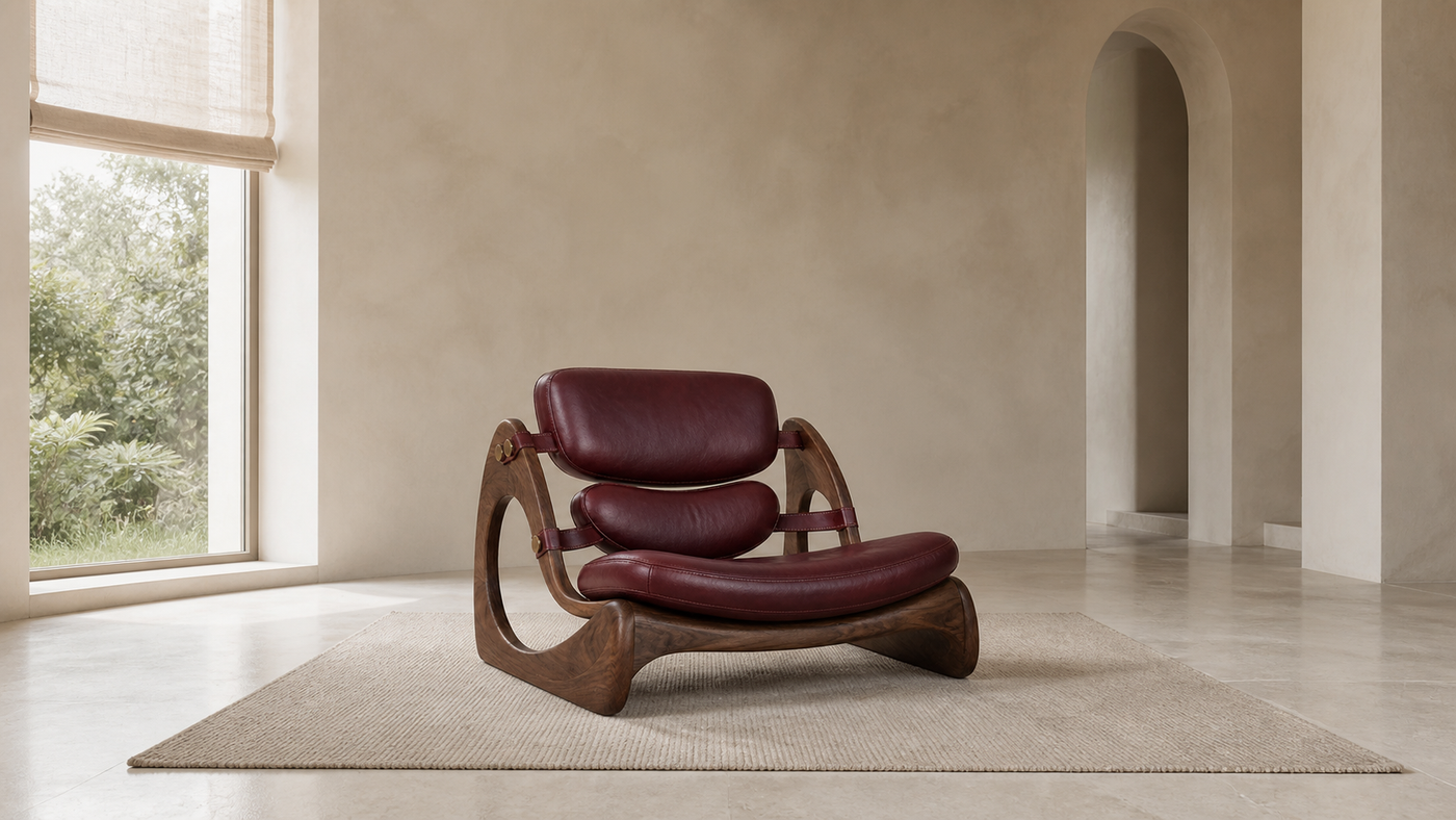 Aster Sling Lounge in a light Kerala interior · AUTHË v2 panoramic header design visualisation