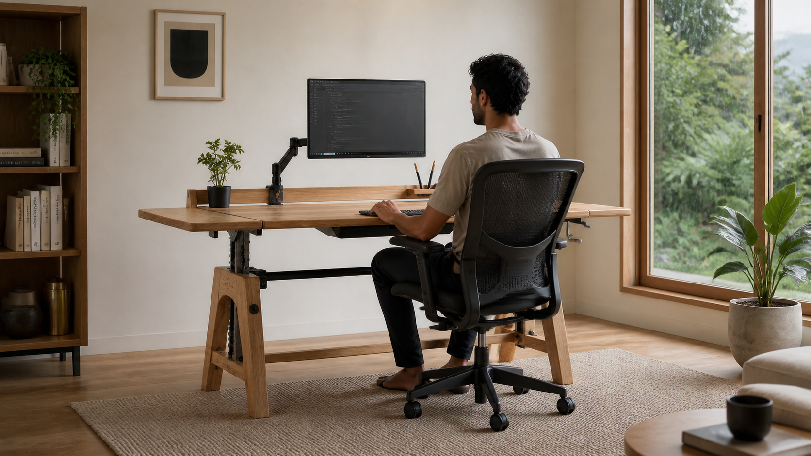 AUTHË v2 · Counterpoise Workstation · light-filled Kozhikode home office
