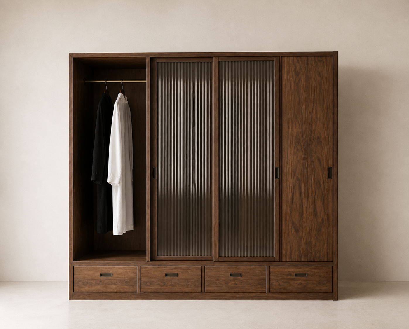 AUTHË v2 front elevation — Veil Wardrobe photographed square to the front, showing its open dressing bay, two fluted-glass sliding panels, closed walnut bay and four lower drawers