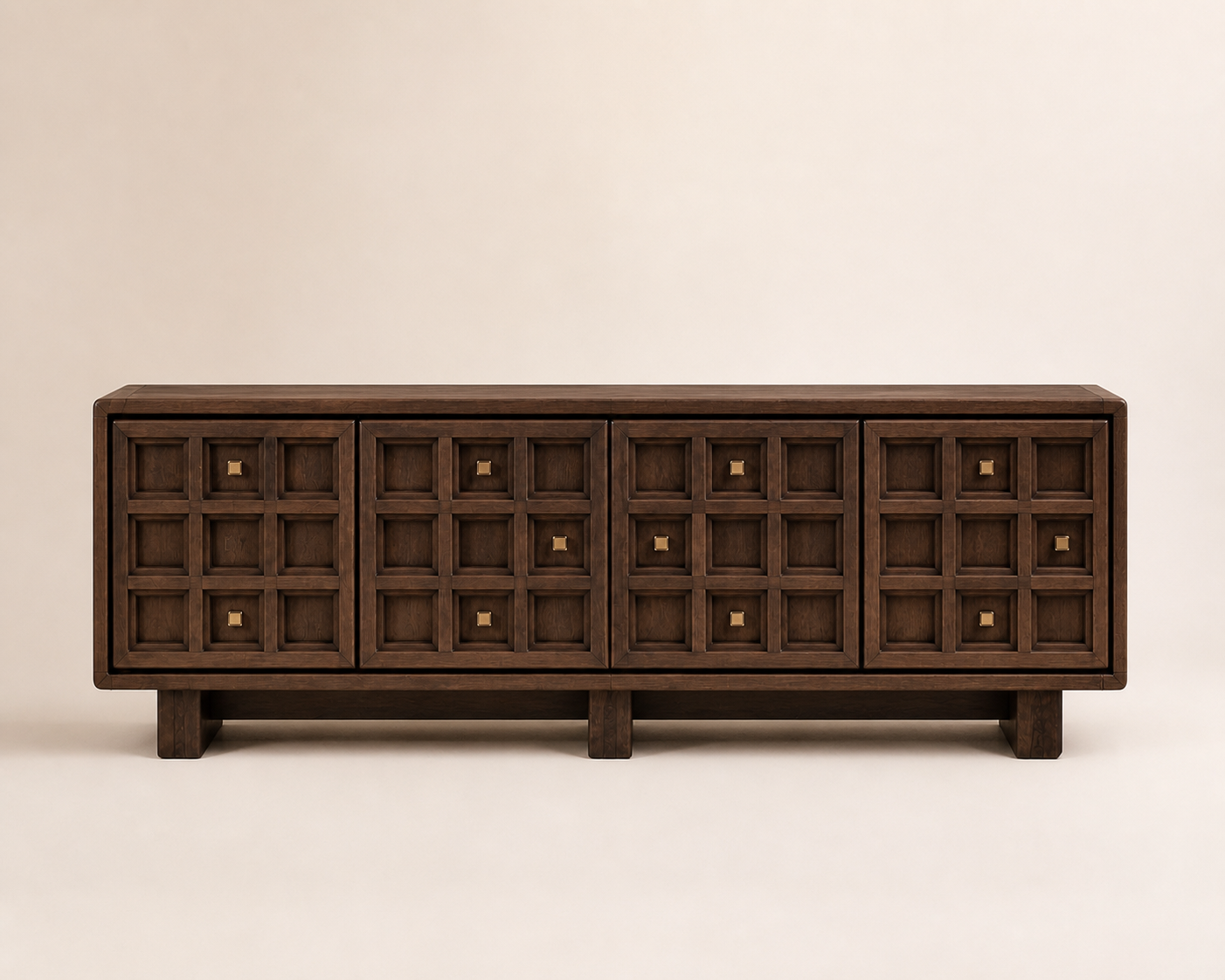 AUTHË v2 front elevation — Tactile Grid Credenza photographed square to the front, showing four doors and thirty-six hand-carved ash relief modules with a personal bronze datum constellation
