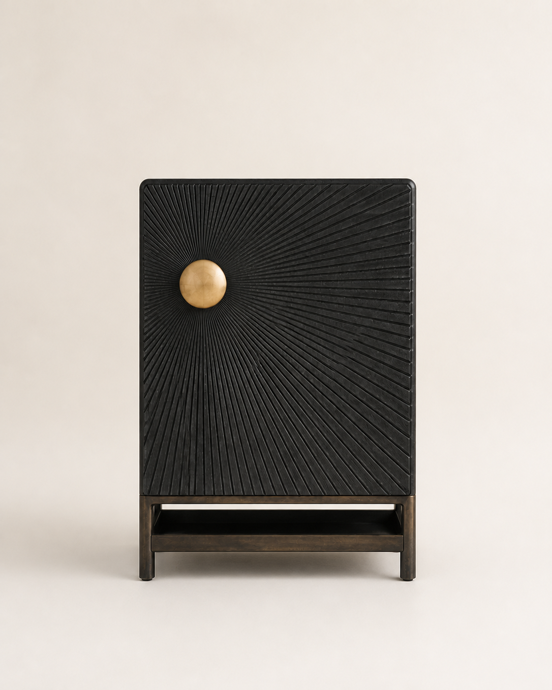 AUTHË v2 front elevation — Halo Cabinet photographed square to the front, showing one hand-carved radial door, one offset bronze boss and one open lower shelf