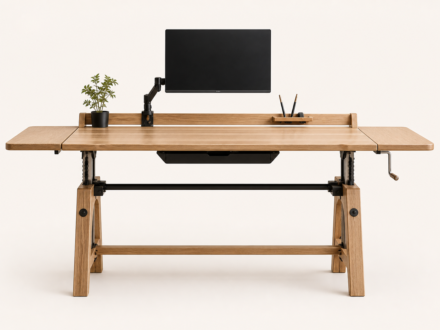 AUTHË v2 · Counterpoise Workstation · front elevation at seated height