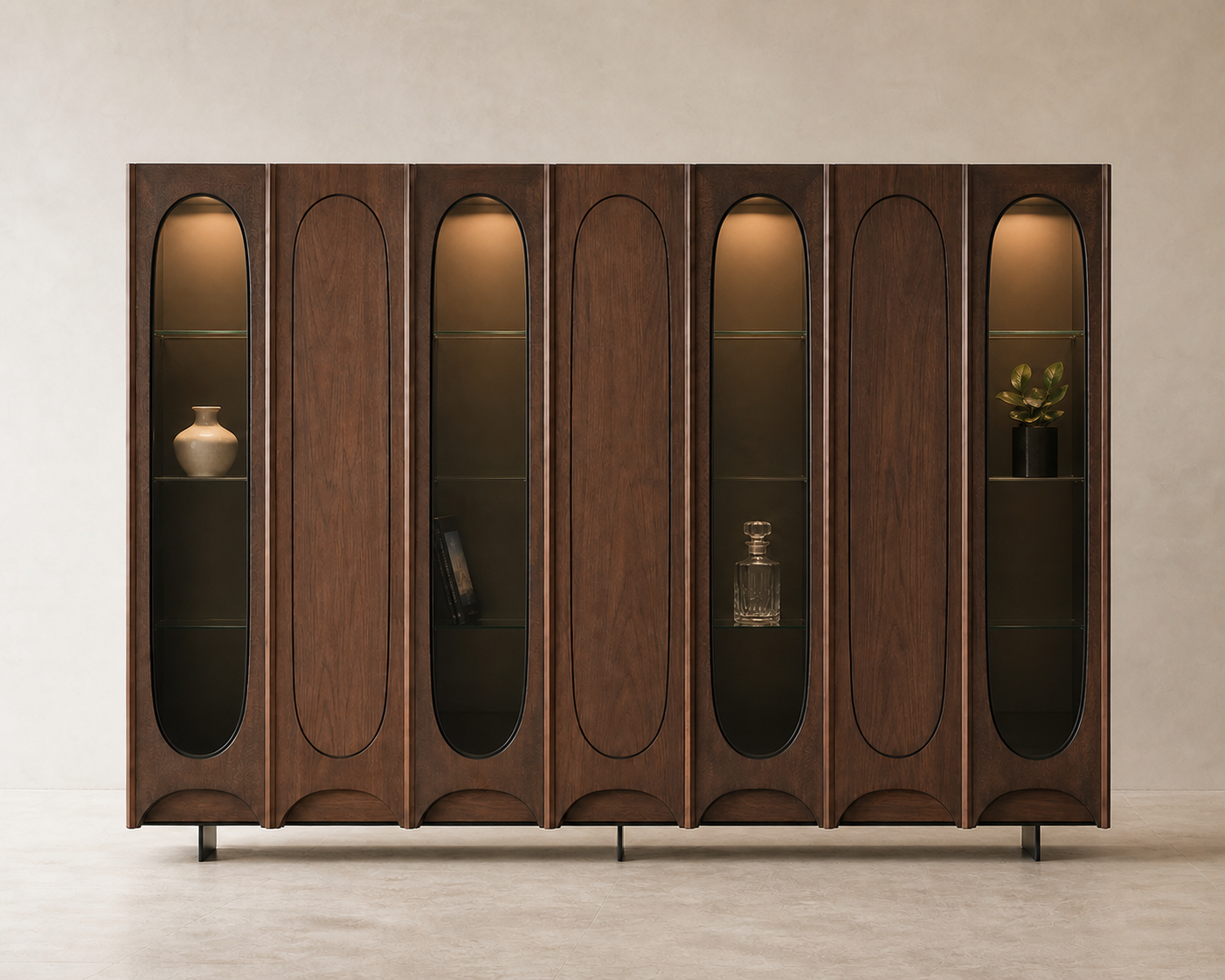 AUTHË v2 front elevation — Colonnade Cabinet photographed square to the front, showing seven walnut bays with alternating smoked-glass apertures and four recessed bronze feet