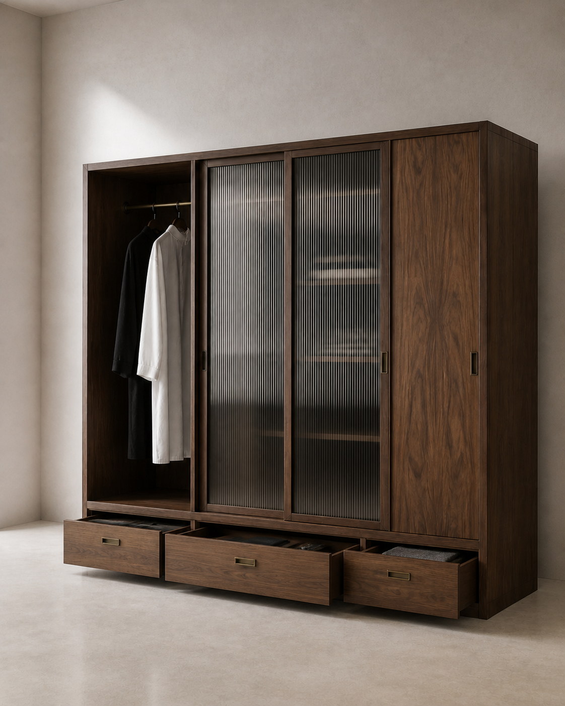 AUTHË v2 functional interior — Veil Wardrobe with its intended doors or drawers open while preserving its open dressing bay, two fluted-glass sliding panels, closed walnut bay and four lower drawers