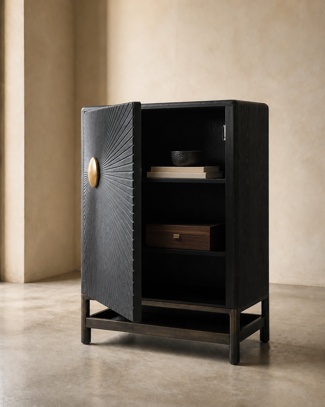 AUTHË v2 functional interior — Halo Cabinet with its intended doors or drawers open while preserving one hand-carved radial door, one offset bronze boss and one open lower shelf