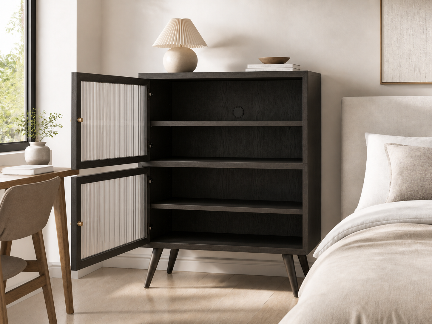 AUTHË v2 · Reed Glass Cabinet · two doors open and shelves visible