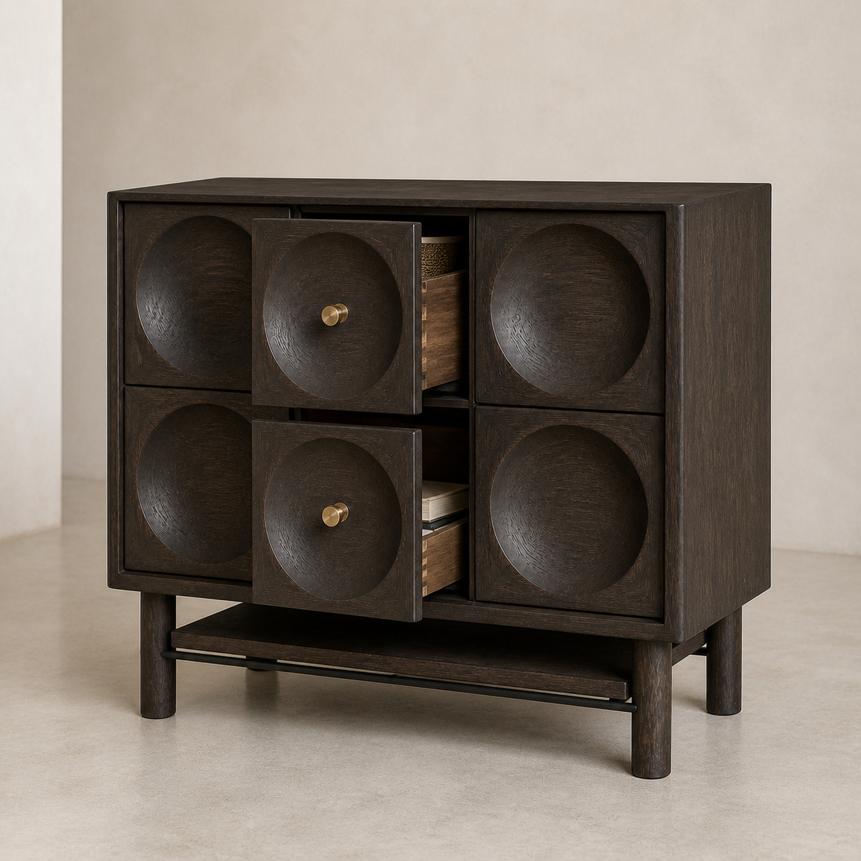 AUTHË v2 functional interior — Orbit Bedside with its intended doors or drawers open while preserving six concave ash reliefs, two centre bronze pulls and one open lower shelf
