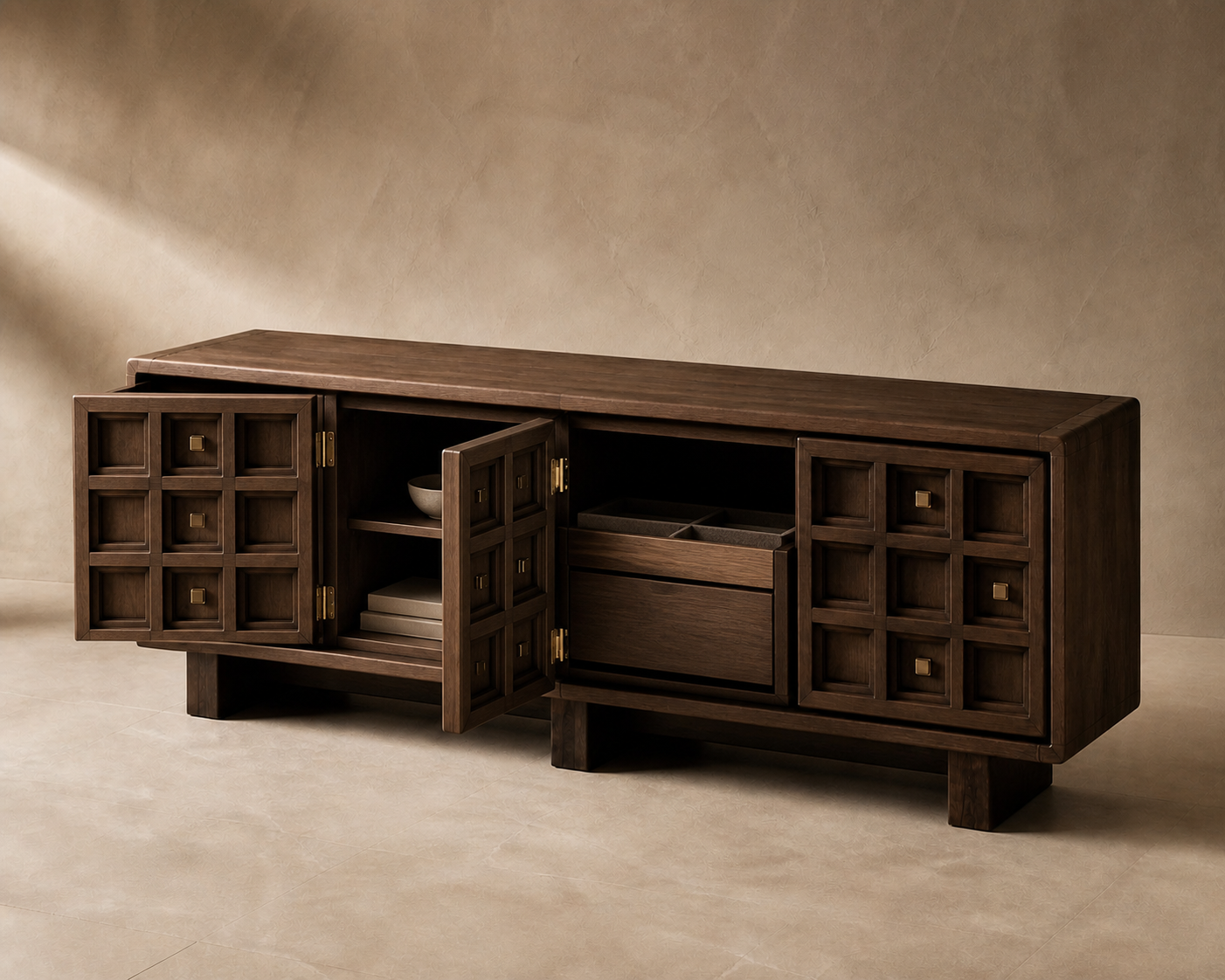 AUTHË v2 functional interior — Tactile Grid Credenza with its intended doors or drawers open while preserving four doors and thirty-six hand-carved ash relief modules with a personal bronze datum constellation