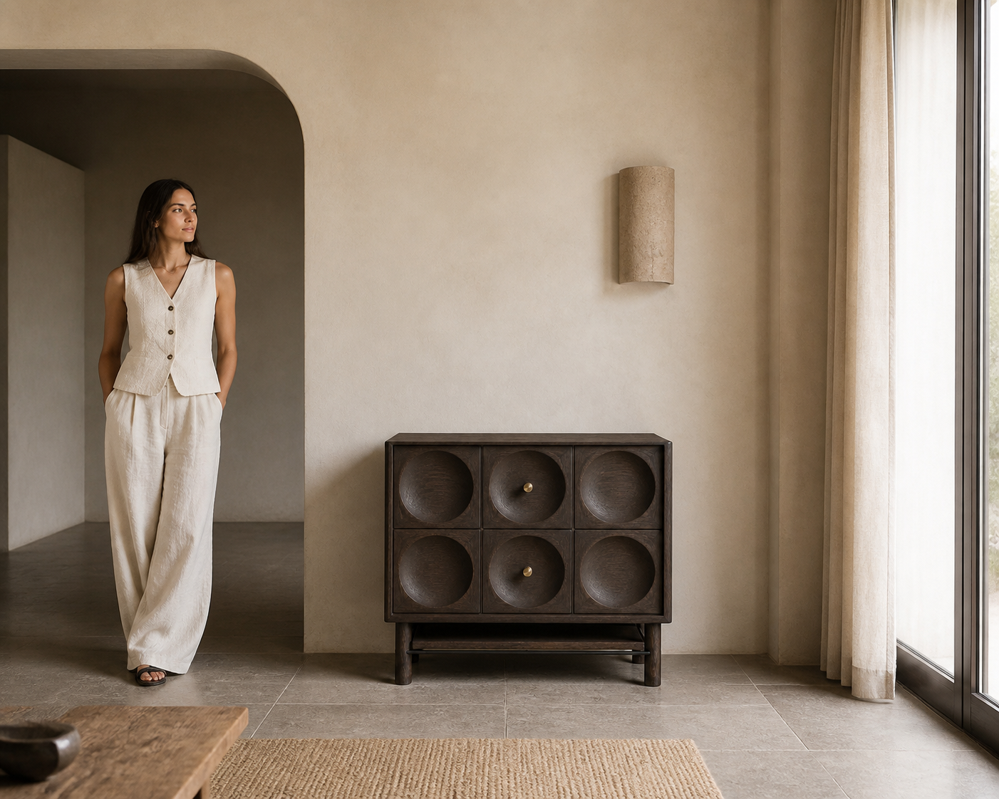 AUTHË v2 human scale — Orbit Bedside with one person establishing the true scale of six concave ash reliefs, two centre bronze pulls and one open lower shelf