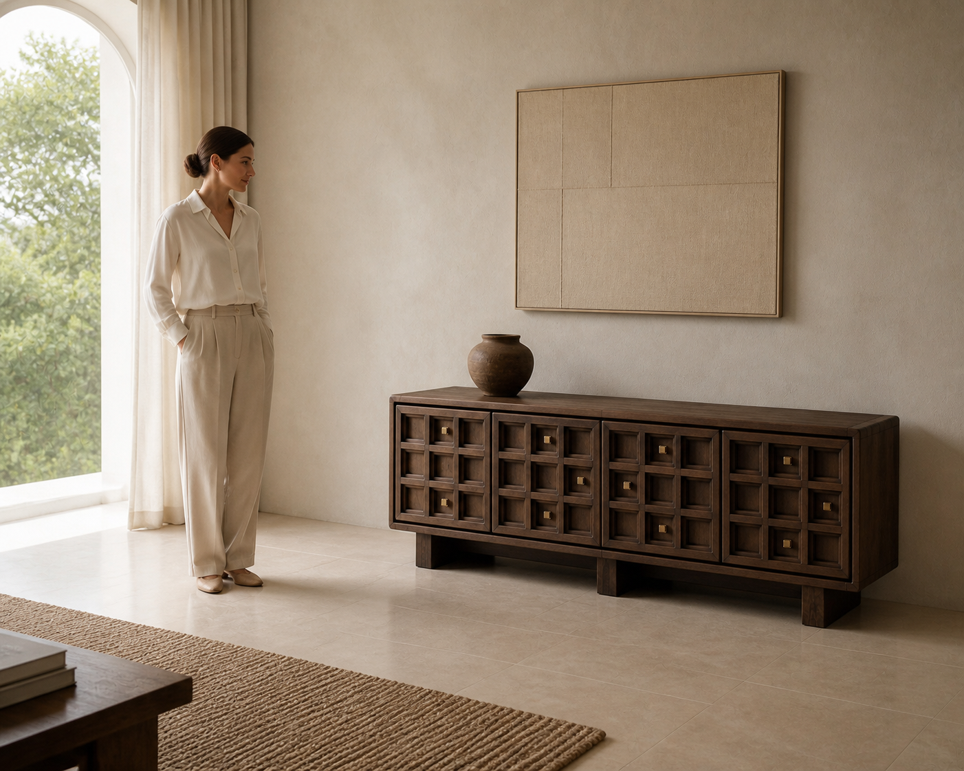 AUTHË v2 human scale — Tactile Grid Credenza with one person establishing the true scale of four doors and thirty-six hand-carved ash relief modules with a personal bronze datum constellation