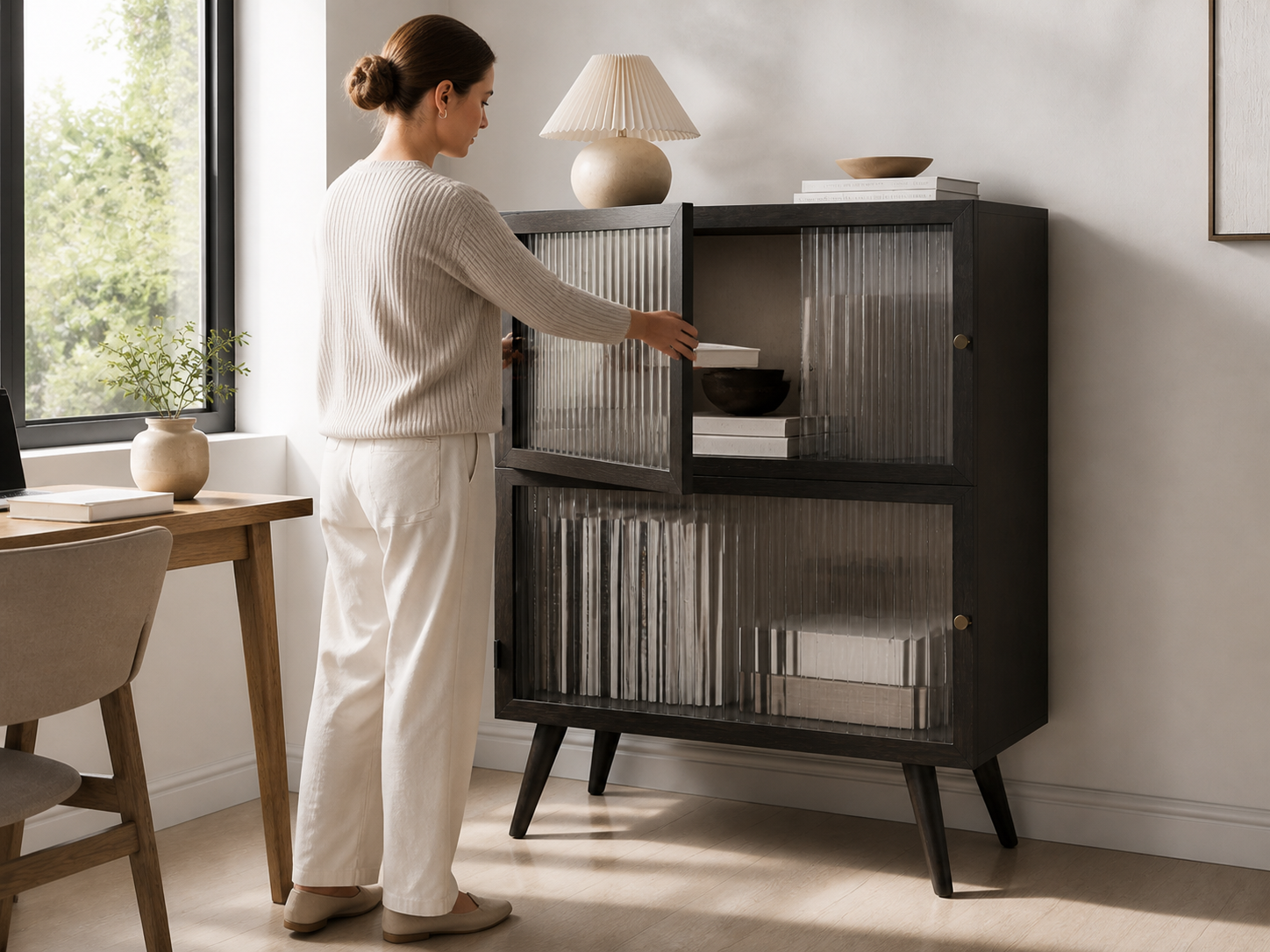 AUTHË v2 · Reed Glass Cabinet · books and audio component use study
