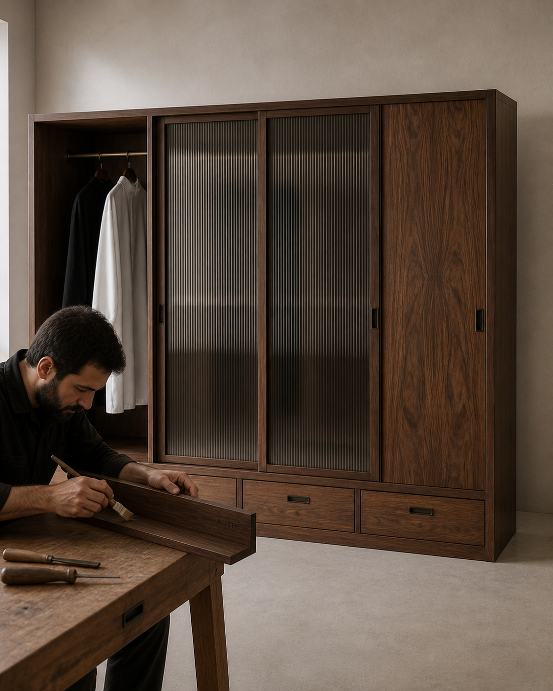 AUTHË v2 atelier process — Veil Wardrobe being individually hand finished while preserving its open dressing bay, two fluted-glass sliding panels, closed walnut bay and four lower drawers