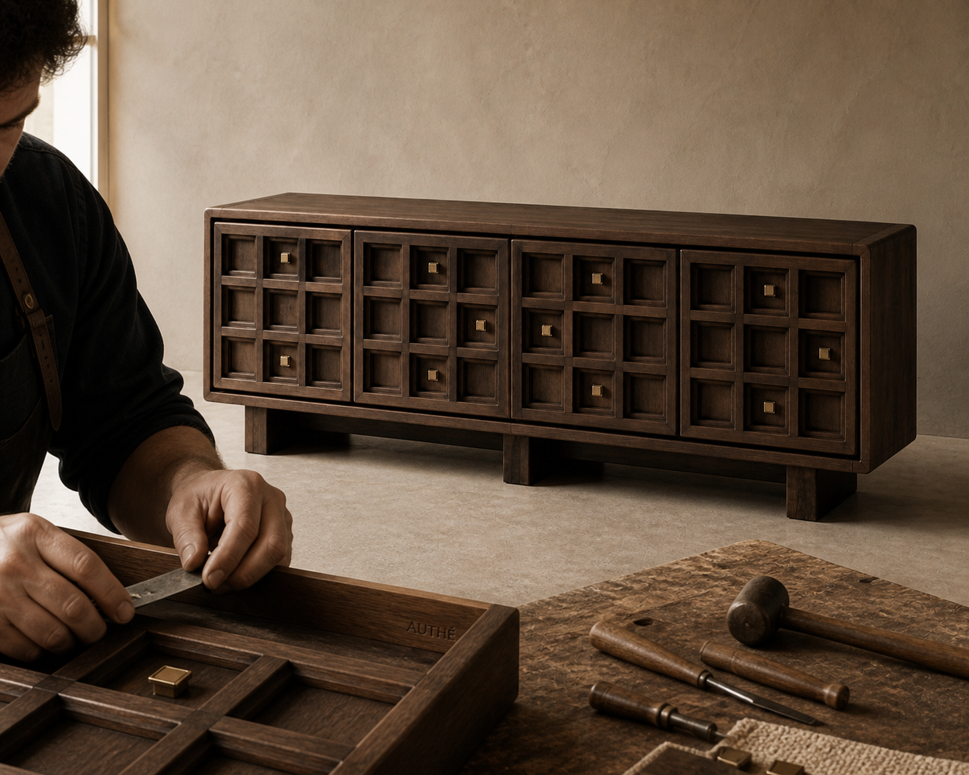 AUTHË v2 atelier process — Tactile Grid Credenza being individually hand finished while preserving four doors and thirty-six hand-carved ash relief modules with a personal bronze datum constellation