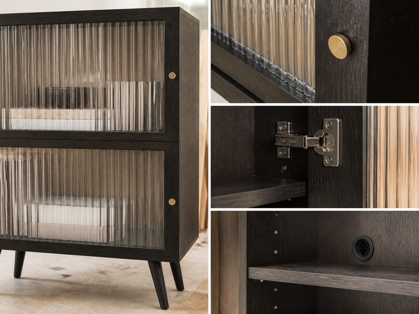 AUTHË v2 · Reed Glass Cabinet · fluted glass, hinge and bronze pull detail