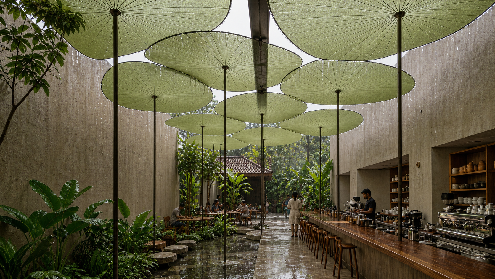 AUTHË v2 · Verdure Canopy · wet-weather concept visualisation