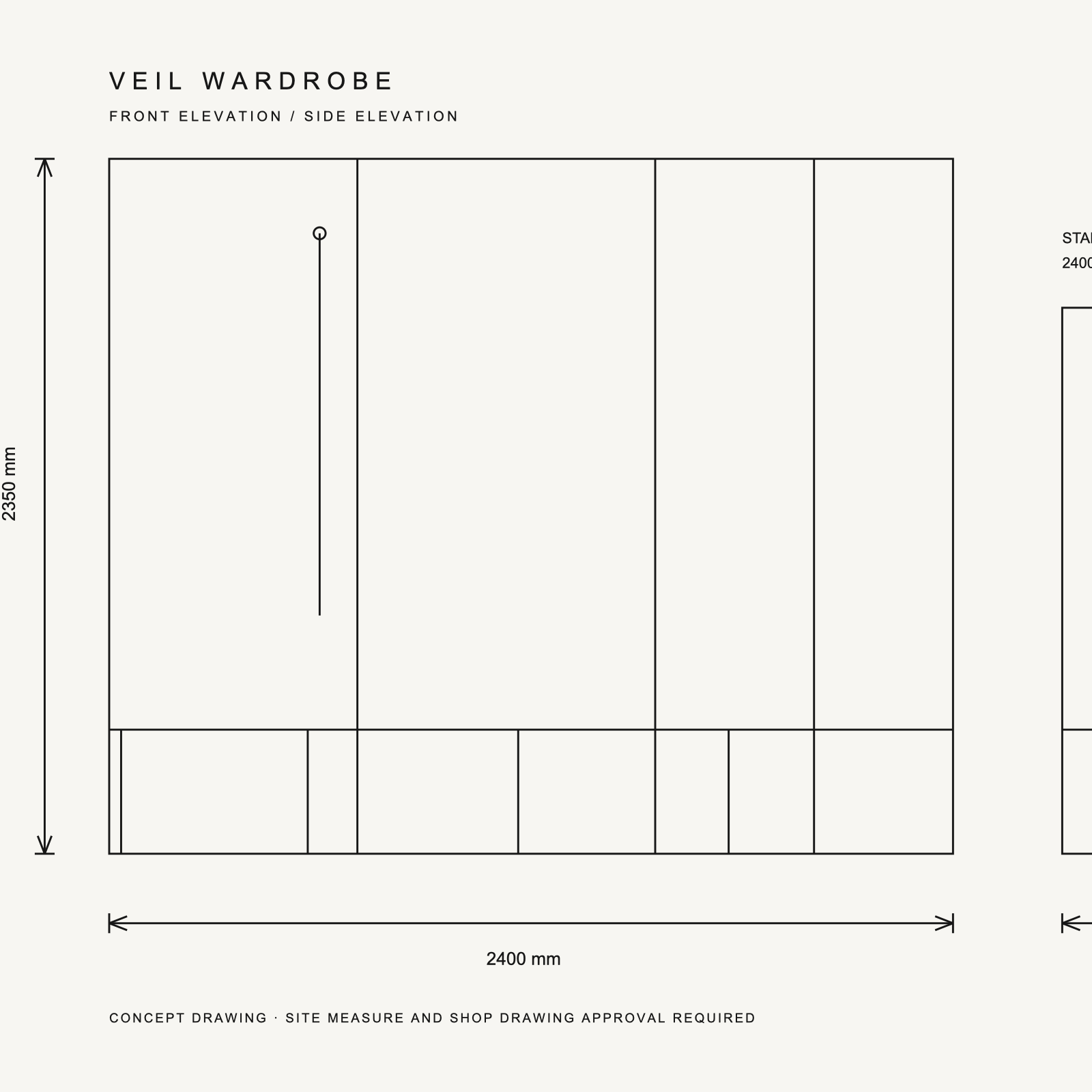 Veil Wardrobe dimension drawing — monochrome front and side concept elevations with standard millimetre dimensions