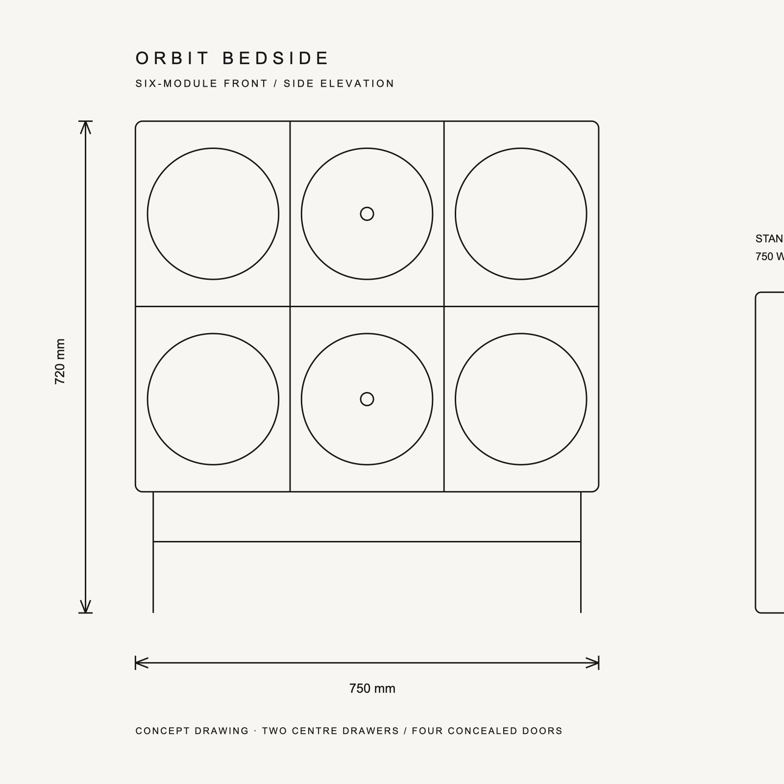Orbit Bedside dimension drawing — monochrome front and side concept elevations with standard millimetre dimensions
