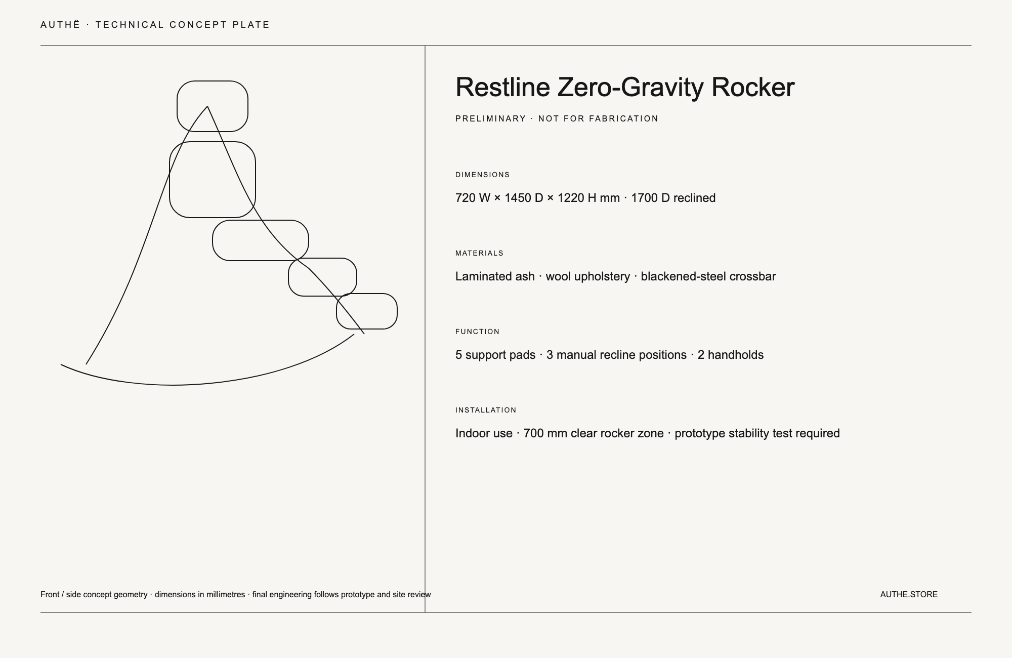 AUTHË v2 · Restline Reclining Rocker · technical drawing · preliminary dimensions