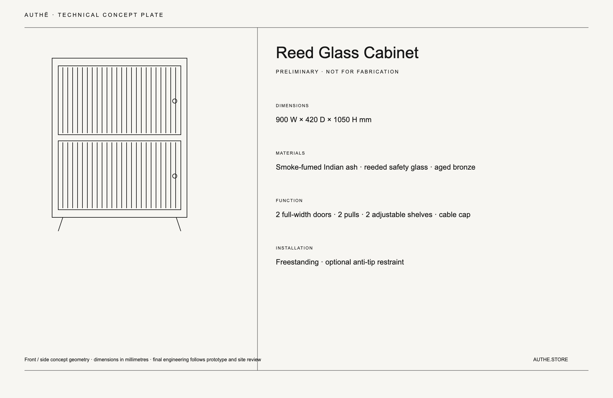 AUTHË v2 · Reed Glass Cabinet · technical drawing · preliminary dimensions