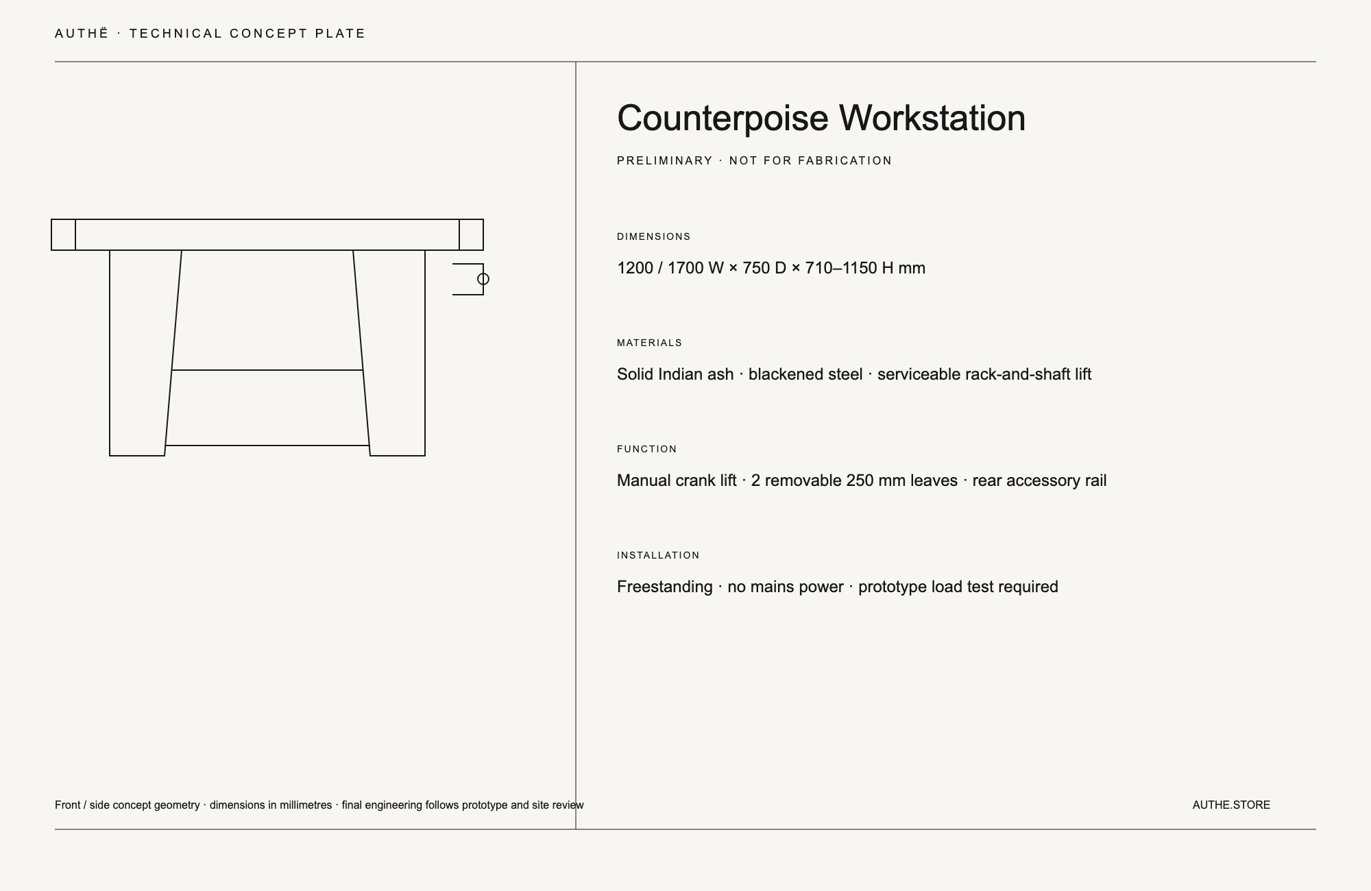 AUTHË v2 · Counterpoise Workstation · technical drawing · preliminary dimensions