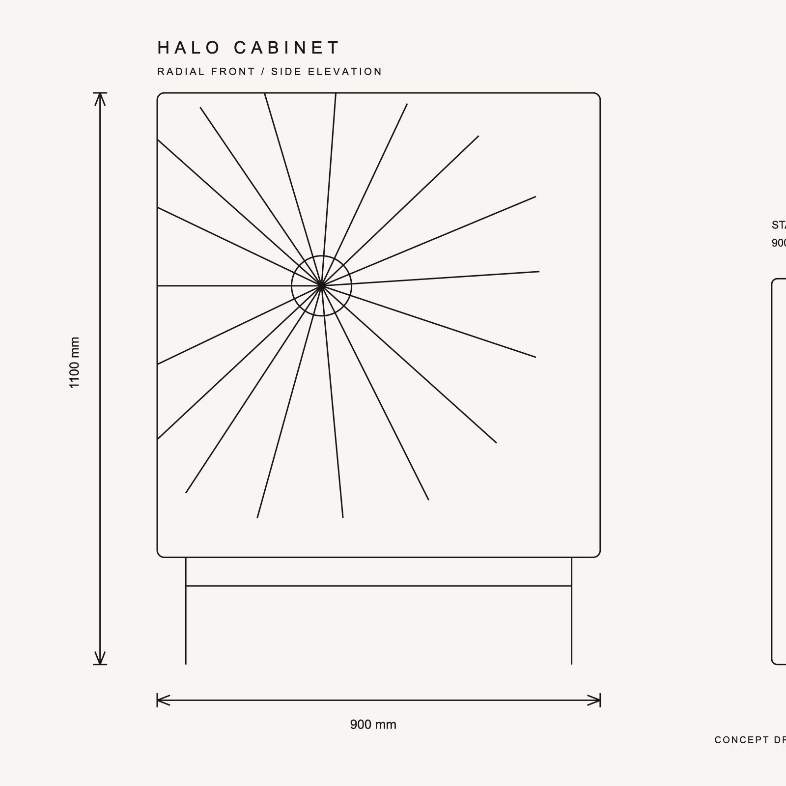 Halo Cabinet dimension drawing — monochrome front and side concept elevations with standard millimetre dimensions