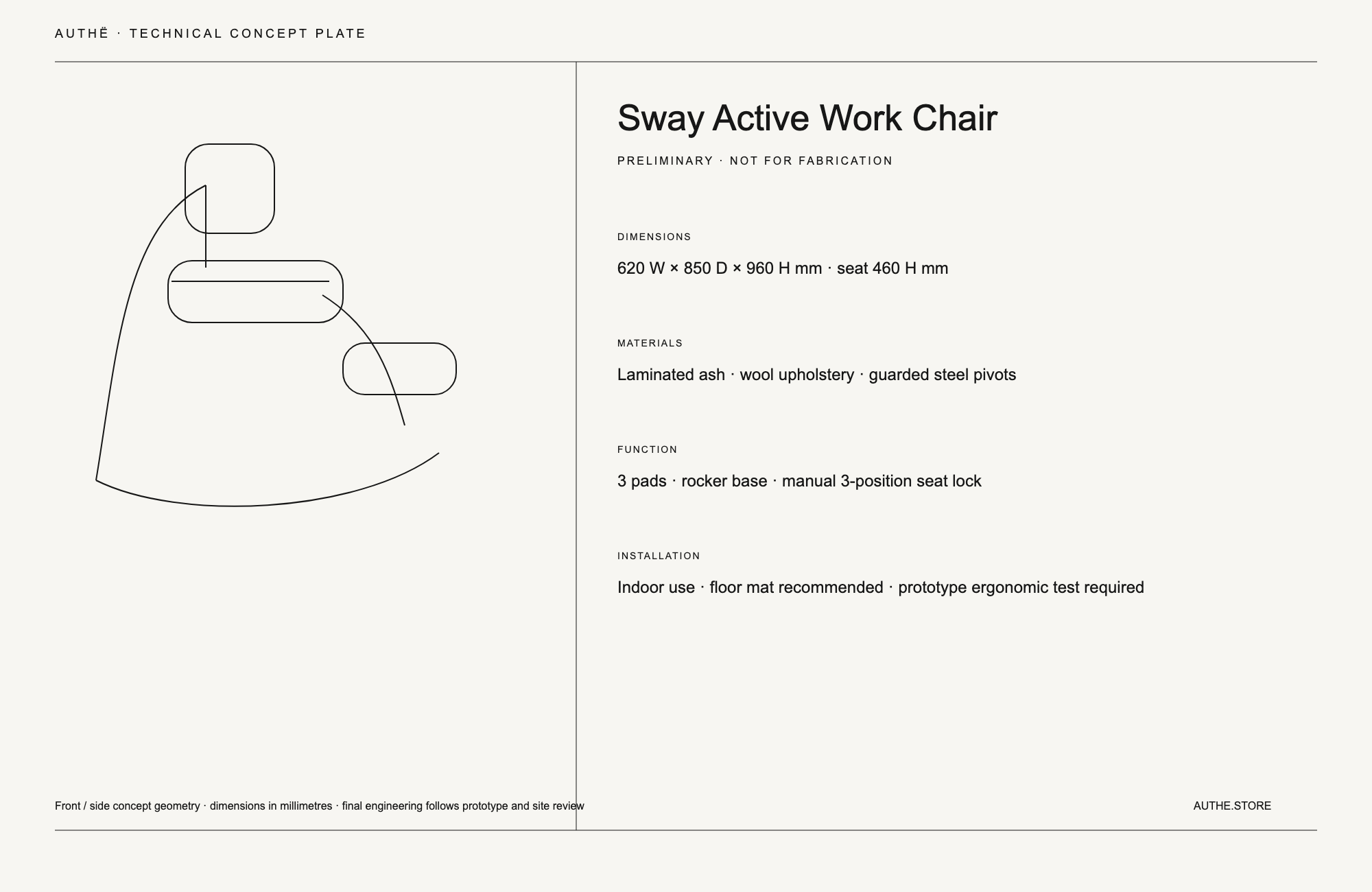 AUTHË v2 · Sway Active Work Chair · technical drawing · preliminary dimensions
