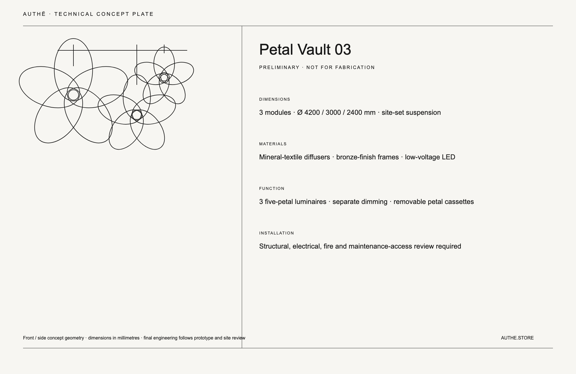 AUTHË v2 · Petal Vault 03 · technical drawing · preliminary site envelope