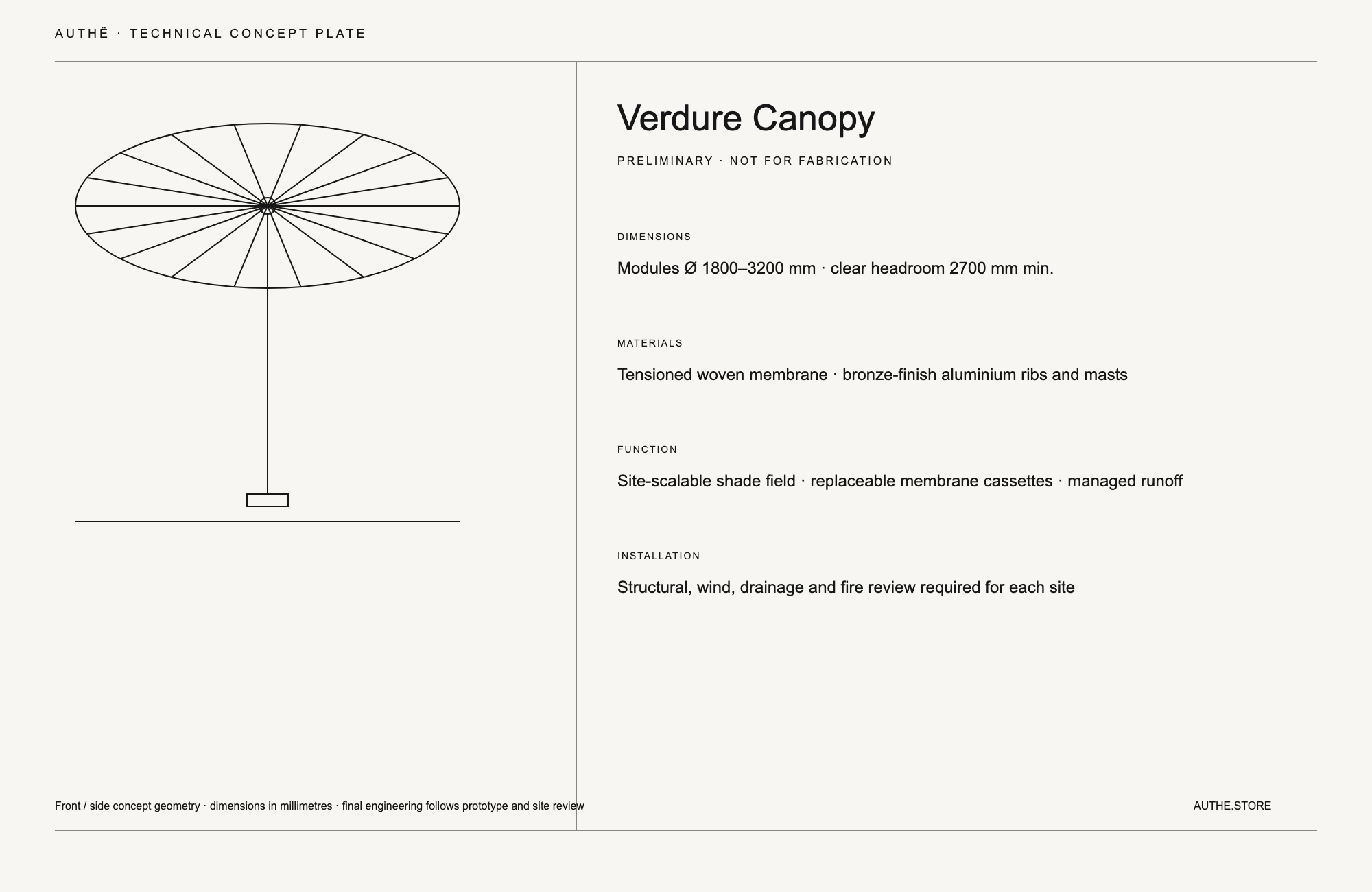 AUTHË v2 · Verdure Canopy · technical drawing · preliminary site envelope