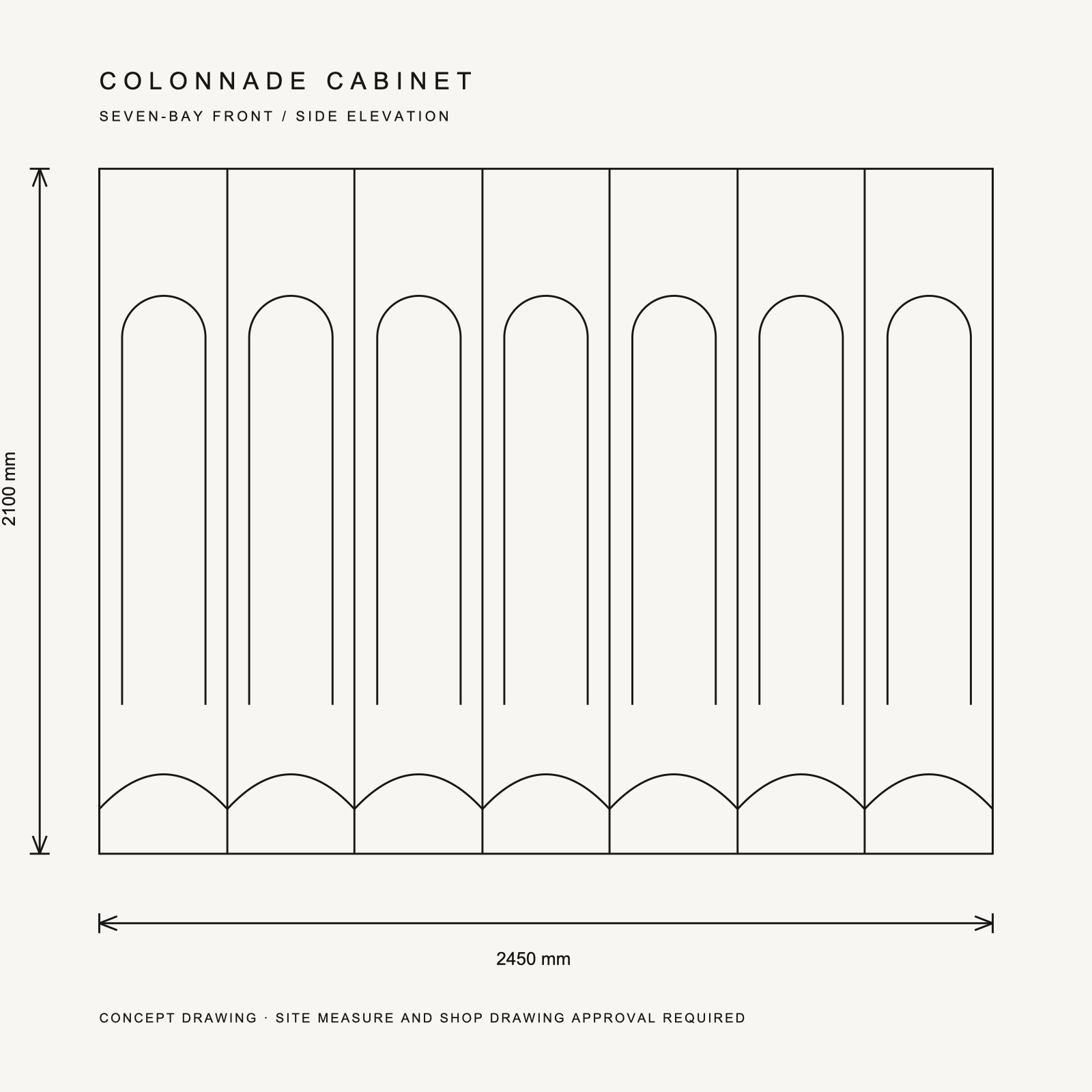 Colonnade Cabinet dimension drawing — monochrome front and side concept elevations with standard millimetre dimensions