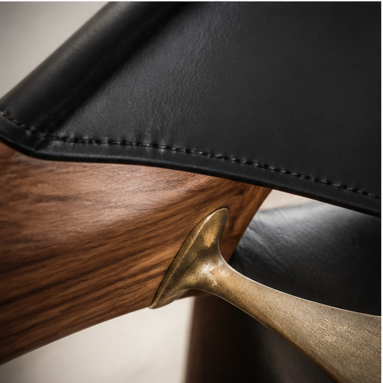 Arc Lounge close detail of saddle leather, walnut and hand-patinated bronze
